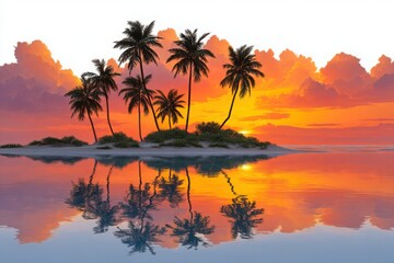 Tropical island paradise with palm trees at vibrant sunset reflected in calm ocean water