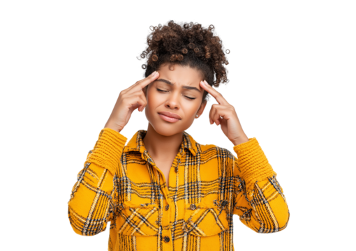 Young woman with headache touching temples isolated on a transparent background