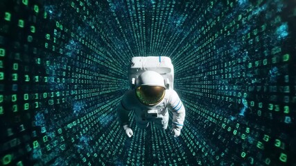 Astronaut exploring a futuristic cyberspace tunnel, surrounded by glowing binary code and data symbolizing virtual reality, technological innovation, and digital connectivity - Powered by Adobe