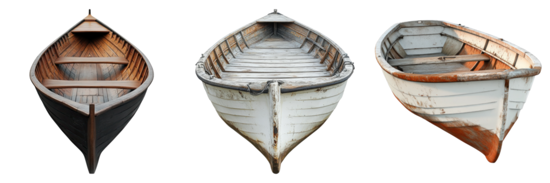 Three different views of an empty wooden boat isolated on the picture