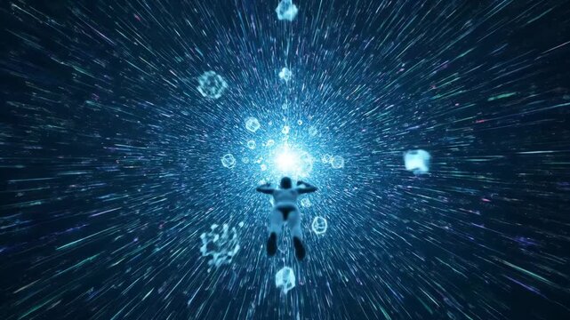Person is soaring through a futuristic digital tunnel, experiencing virtual reality or metaverse with abstract glowing data cubes and light streaks symbolizing a fast-paced connection