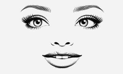 Elegant illustration of a woman's face, focusing on expressive eyes with long lashes and soft lips, perfect for beauty, fashion, and feminine design concepts