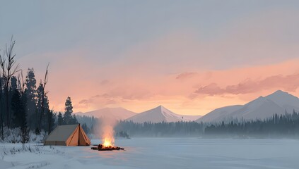 A warm inviting campfire burning on the frozen snowy shore of a lake with a tent and cold winter mountains in the distance at sunset