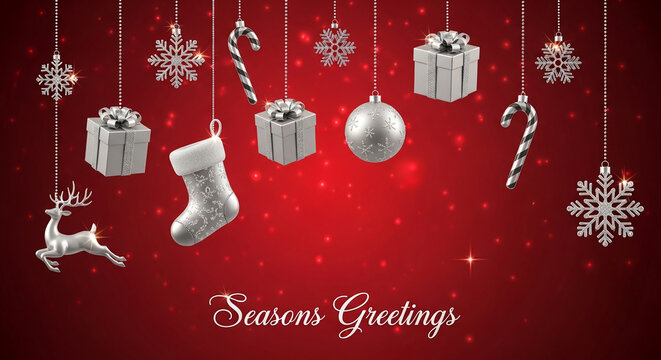 Arrangement of silver christmas ornaments like snowflake, candy cane, gift, sock, and deer on red festive background, representing the holiday season