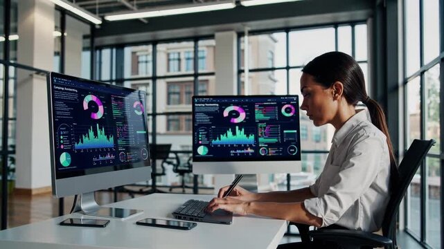 analyst in bright office reviewing interactive dashboards and colorful charts on dual monitors, using tablet for notes and KPI tracking, glass windows and daylight create focused professional