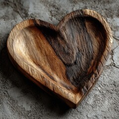 Heart-shaped wooden dish on textured surface
