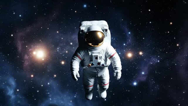 Astronaut in white suit with golden visor drifting through a vivid nebula and starfield, evoking exploration, solitude, and the vast, mysterious reaches of deep space