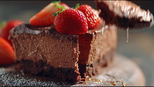 Chocolate Cake Slice With Fresh Strawberries Macro