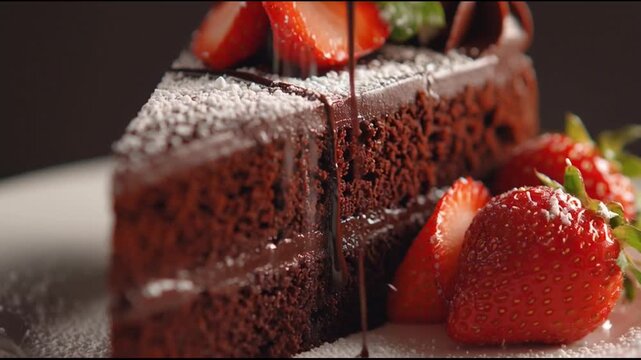 Chocolate Cake Slice With Fresh Strawberries Macro