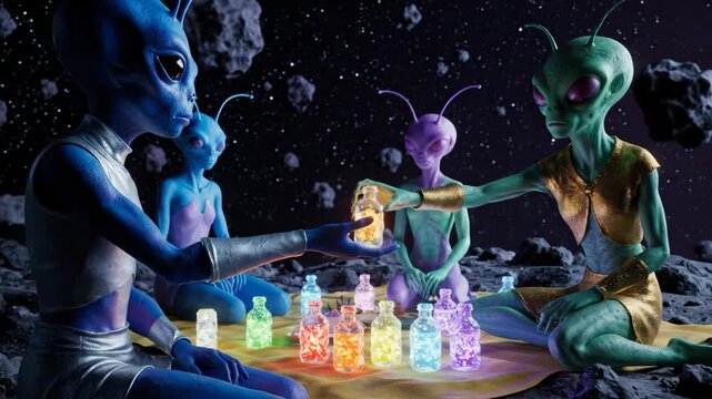 Blue-skinned alien showing a faceted crystal bottle filled with a vibrant green glowing liquid potion to other extraterrestrials inside a dark spaceship with floating space debris