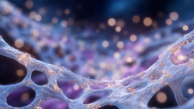 Highly detailed microscope image of osteoporotic bone matrix with widened pores and fragile trabecular framework, illuminated by soft scientific lighting