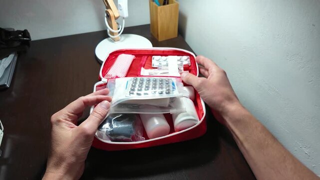 First aid supplies organized efficiently, Compact medical kit ready for outdoor adventures, Emergency medical supplies systematically arranged for quick access during outdoor excursions