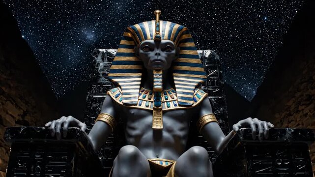 Alien king wearing a golden egyptian nemes crown and regal chest collar sitting majestically on a dark throne within a chamber, with a starry night sky visible above