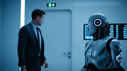 Young businessman experiencing uncertainty and anxiety during a job application process, sitting in a waiting room next to a sophisticated artificial intelligence robot - Powered by Adobe