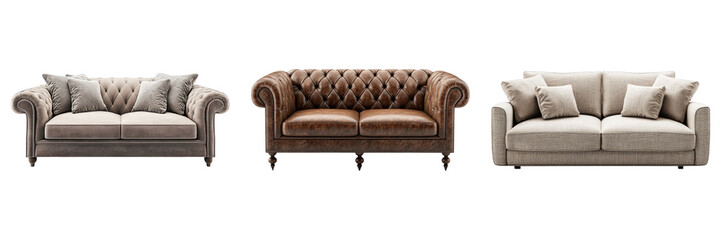 Three elegant sofas showcasing diverse designs and upholstery, perfect for interior decor and furnishing inspiration. 