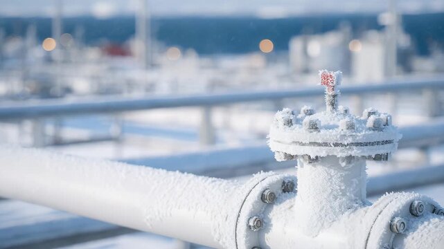 Icy heat pipeline system in winter landscape, frost covering flanges and supports, industrial precision in snowy environment