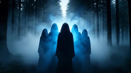 Hooded cult members gather in a foggy, moonlit forest, cloaked in blue light as they enact a solemn, eerie ritual beneath towering trees and drifting mist