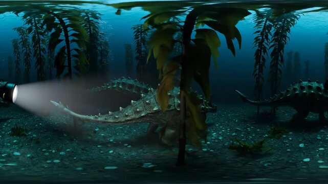 Diver's flashlight beam illuminates two armored dinosaur-like creatures walking on the seabed amidst a lush kelp forest in a dark blue prehistoric ocean, discovering ancient life deep underwater