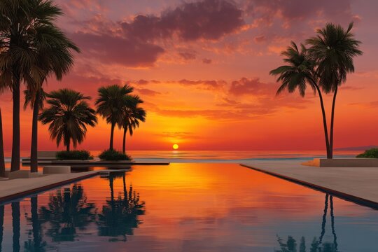 Serene tropical infinity pool reflects a vibrant sunset with silhouetted palm trees