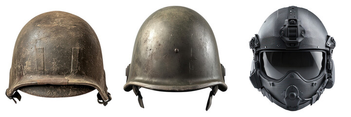 A display of three different combat helmets, showcasing the evolution of protection technology. The helmets' designs vary from old to new