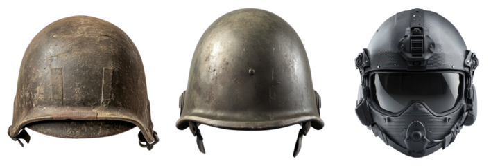 A display of three different combat helmets, showcasing the evolution of protection technology. The helmets' designs vary from old to new
