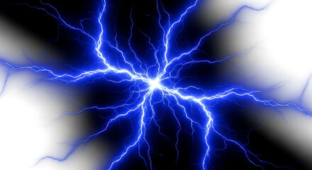 Abstract blue lightning strike with glowing particles and white background