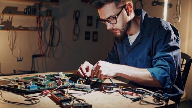 caucasian technician soldering circuit board workspace, focused young man in dimly lit workshop assembling electronics, connecting wires, testing prototype boards with precision tools, measuring