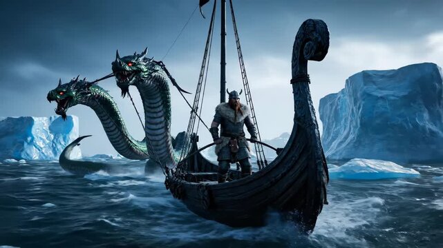Viking warrior bravely holding the helm of a longship, sailing through choppy arctic waters filled with icebergs while confronting a massive two-headed sea serpent
