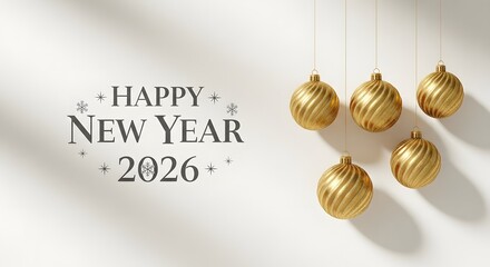 Festive golden baubles and elegant happy new year 2026 text with subtle shadows on a textured white background