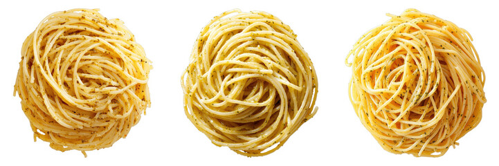 Three nests of fresh pasta. The pasta has a perfect, golden color, a testament to its quality and taste. It evokes a feeling of warmth, comfort, and the joy of preparing and sharing a delicious meal.