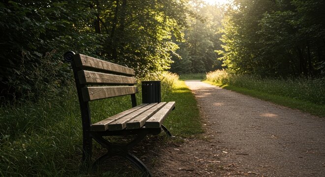 A weathered wooden park bench sits empty beside a walking path in a tranquil, shaded forest during the warm summer afternoon light ,walkway ,spring ,seat