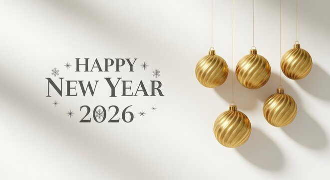 Festive golden baubles and elegant happy new year 2026 text with subtle shadows on a textured white background - Powered by Adobe
