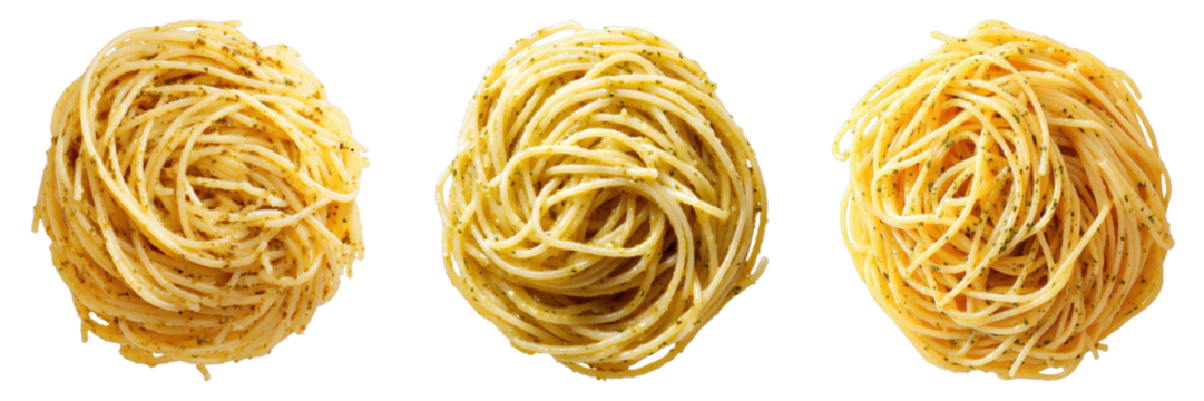 Three nests of fresh pasta. The pasta has a perfect, golden color, a testament to its quality and taste. It evokes a feeling of warmth, comfort, and the joy of preparing and sharing a delicious meal.