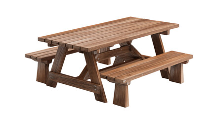A rustic wooden picnic table with attached benches, showcasing natural wood grain, isolated on a transparent background, perfect for outdoor settings. background removed
