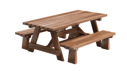 A rustic wooden picnic table with attached benches, showcasing natural wood grain, isolated on a transparent background, perfect for outdoor settings. background removed