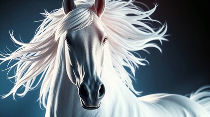 Majestic white horse with flowing mane in dramatic lighting and copy space