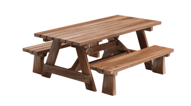 A rustic wooden picnic table with attached benches, showcasing natural wood grain, isolated on a transparent background, perfect for outdoor settings. background removed