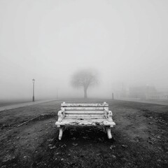 Foggy park scene with lone bench