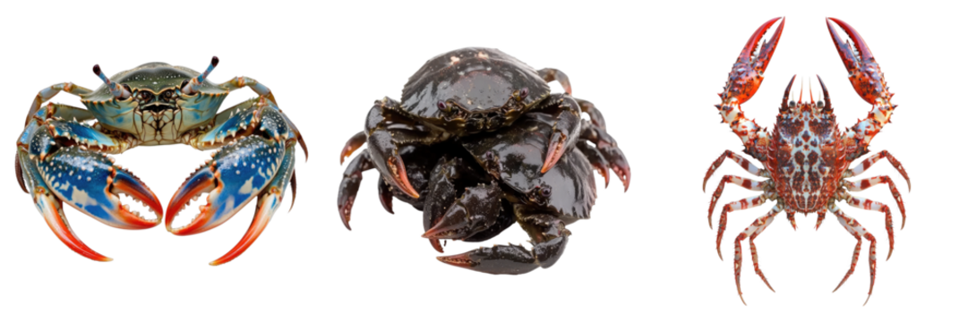 Three distinct crabs showcasing their unique characteristics against a simple backdrop. One crab is bright blue with red claws, another is a pile of dark crabs.