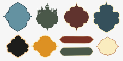 A set of vector tiles and frames in the Arabesque style: gold borders, mosque silhouettes, and geometric patterns. Perfect for Eid, Ramadan cards, banners, invitations, and social media,print.