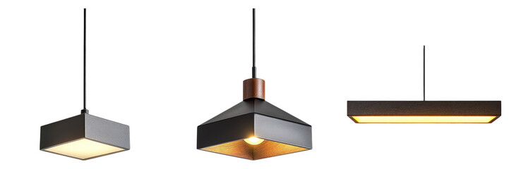 Modern light fixtures hanging from the ceiling, showcasing various shapes and designs