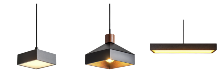 Modern light fixtures hanging from the ceiling, showcasing various shapes and designs