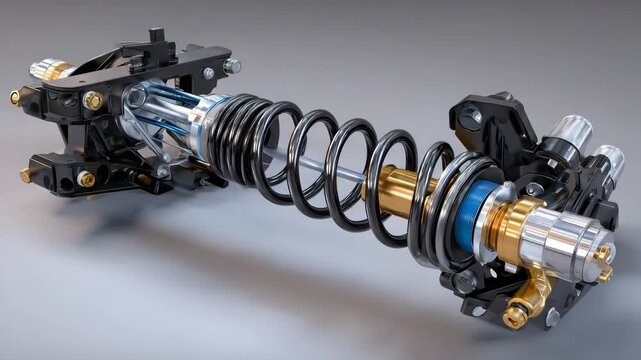 Modern car rear suspension exploded view highlighting shock absorber and spring, mechanical structure and textures clearly visible