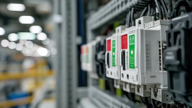 Modern circuit breakers with red and green status indicators, wires neatly arranged, close-up highlighting intricate electrical components