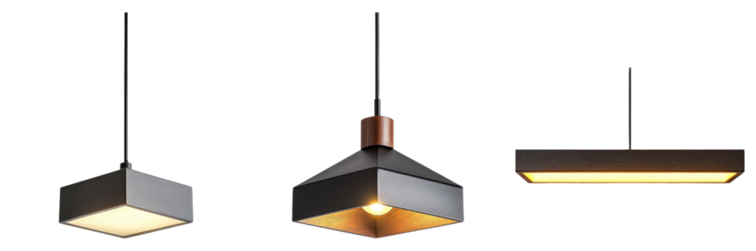 Modern light fixtures hanging from the ceiling, showcasing various shapes and designs