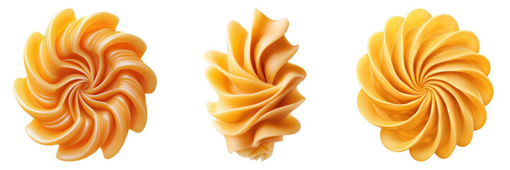 Three swirls of delicious, creamy caramel on display, each one unique and tempting. The caramel has a rich, golden color and a smooth texture. The swirly shapes evoke the feeling of pleasure
