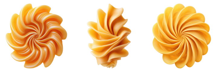 Three swirls of delicious, creamy caramel on display, each one unique and tempting. The caramel has a rich, golden color and a smooth texture. The swirly shapes evoke the feeling of pleasure