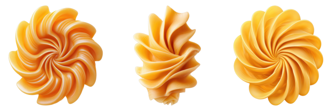 Three swirls of delicious, creamy caramel on display, each one unique and tempting. The caramel has a rich, golden color and a smooth texture. The swirly shapes evoke the feeling of pleasure