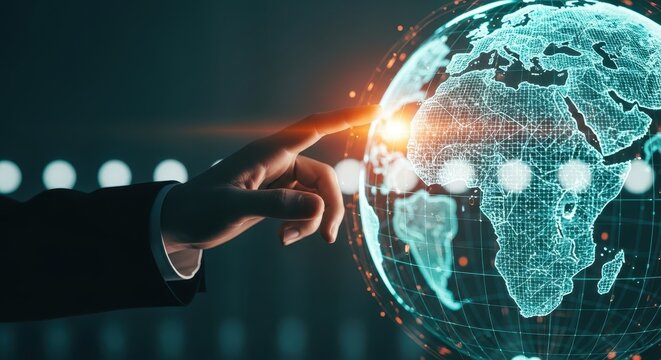Global digital connection and data networking, with a hand interacting with a futuristic holographic globe displaying interconnected data nodes - Powered by Adobe