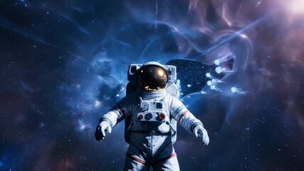 Astronaut floating in a surreal cosmic environment, surrounded by glowing bioluminescent jellyfish and swirling nebulae, exploring the mysteries of the universe - Powered by Adobe